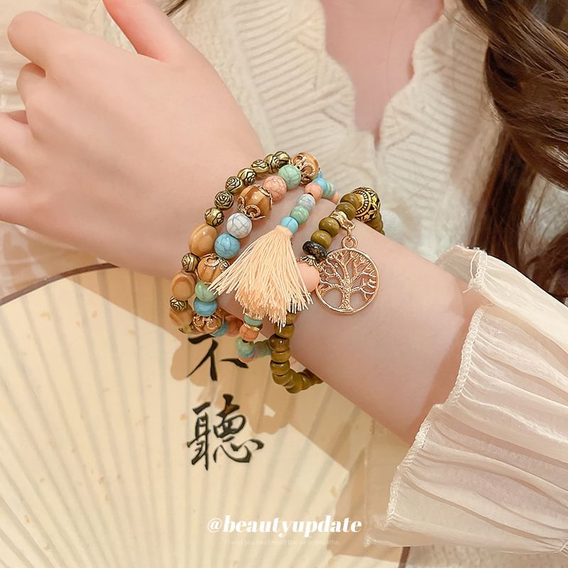 Bracelet Designs) Bead / (Various Faux Gemstone Wooden Set Tassel
