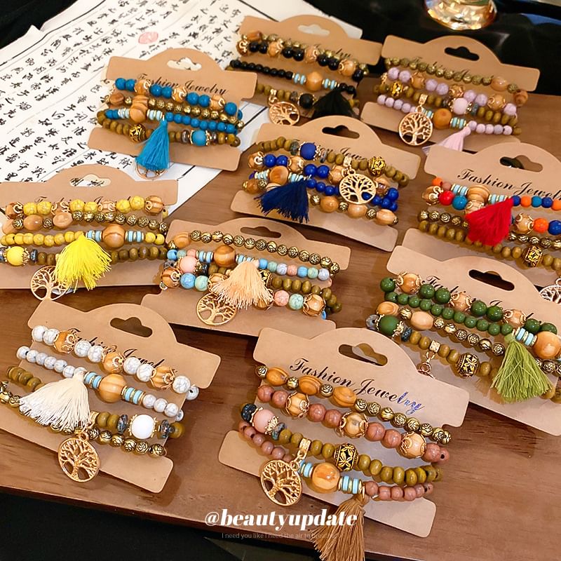 Bracelet Designs) Bead / (Various Faux Gemstone Wooden Set Tassel