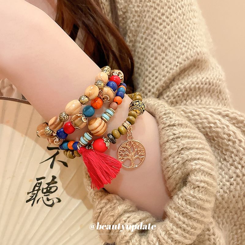 Bracelet Designs) Bead / (Various Faux Gemstone Wooden Set Tassel