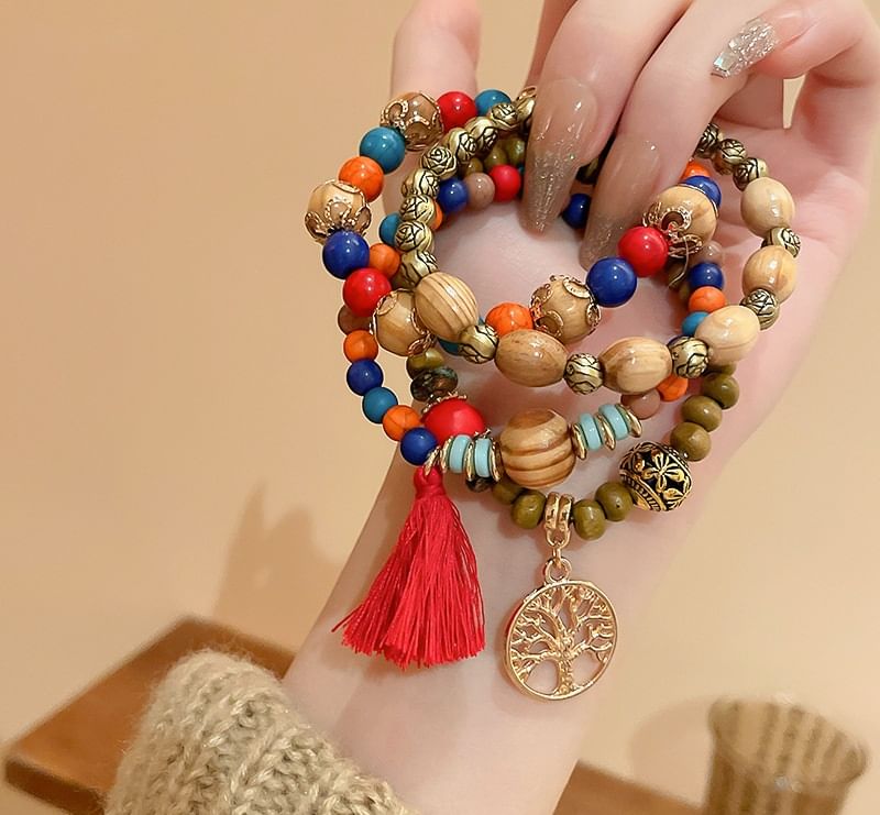 Bracelet Designs) Bead / (Various Faux Gemstone Wooden Set Tassel
