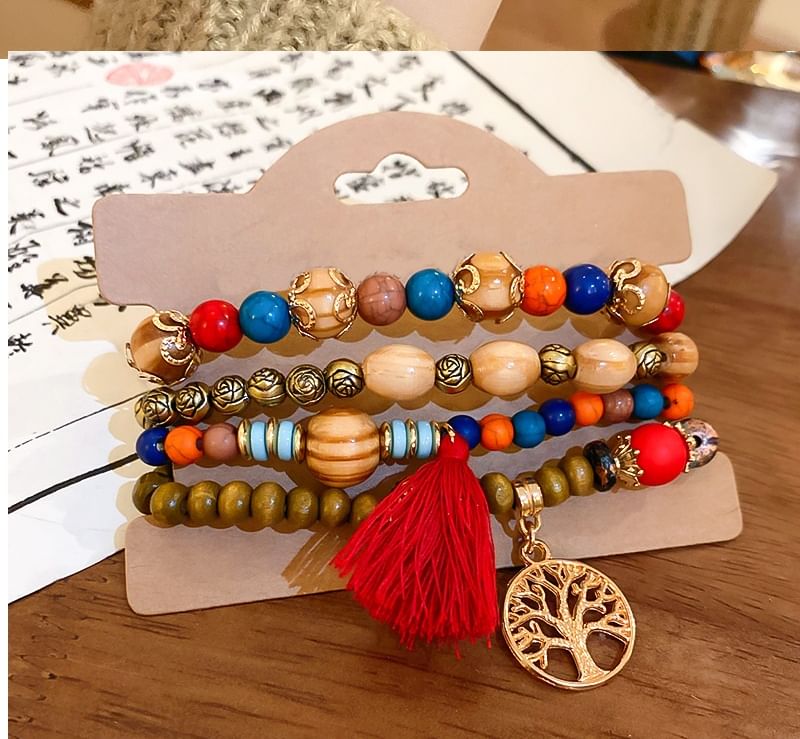 Bracelet Designs) Bead / (Various Faux Gemstone Wooden Set Tassel