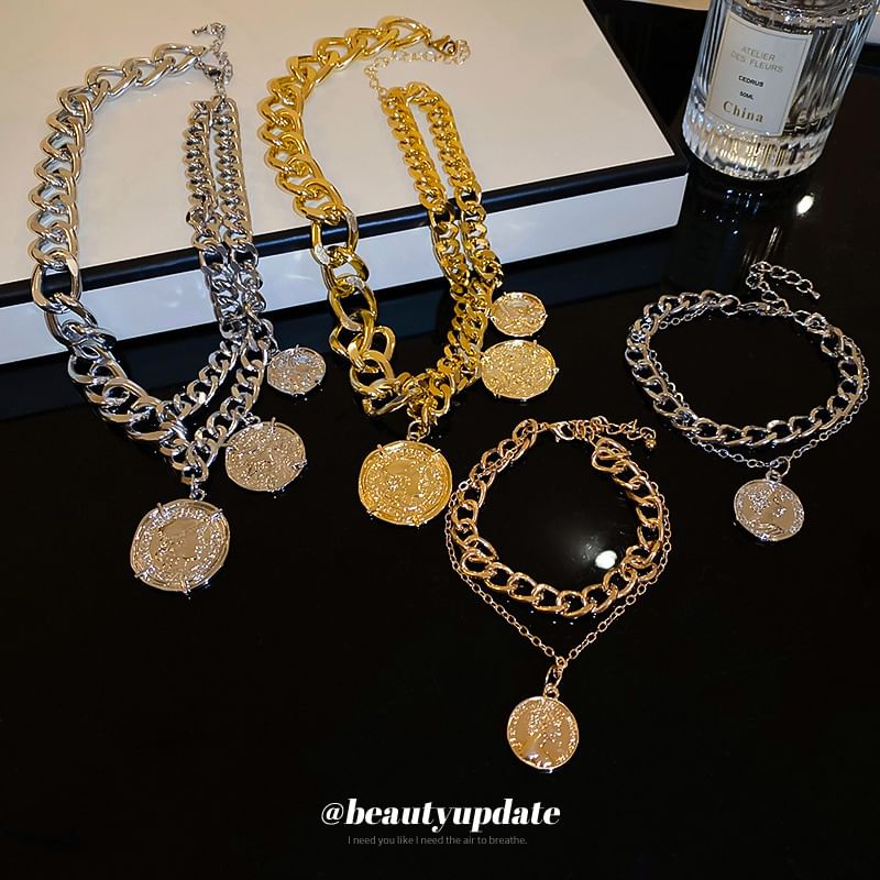 Necklace Alloy Layered Pendant Bracelet Coin /