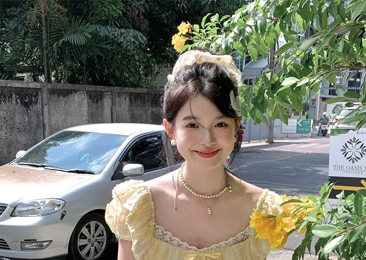 Bow Mini Dress Ruffle Short A-Line Neck Panel Lace Square Sleeve