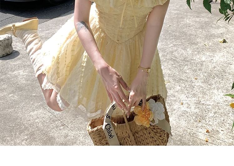 Bow Mini Dress Ruffle Short A-Line Neck Panel Lace Square Sleeve