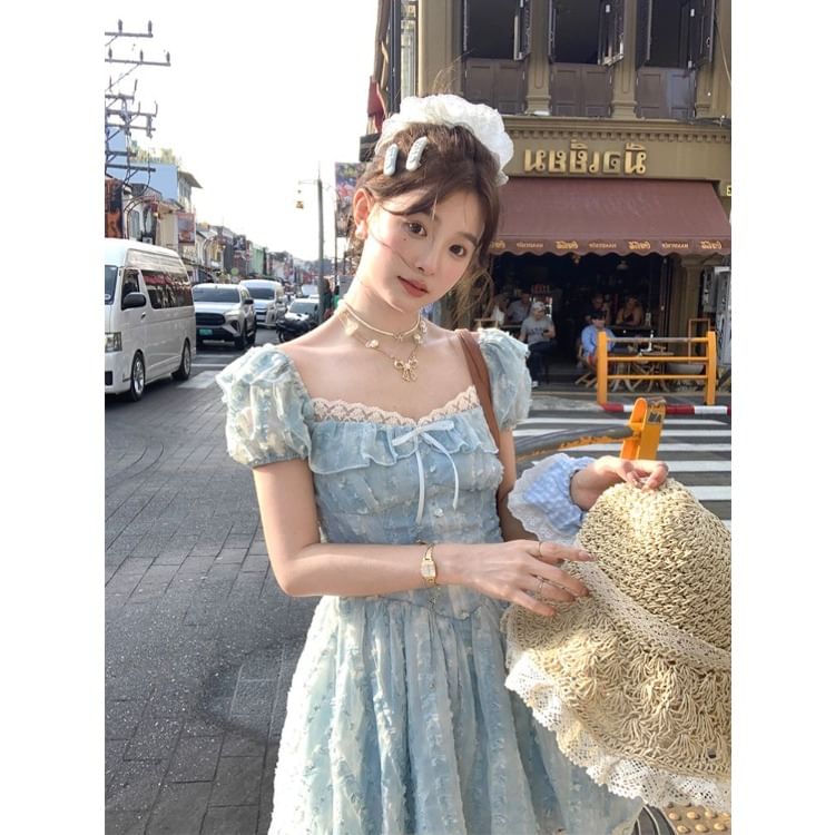 Bow Mini Dress Ruffle Short A-Line Neck Panel Lace Square Sleeve