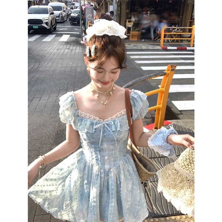 Bow Mini Dress Ruffle Short A-Line Neck Panel Lace Square Sleeve