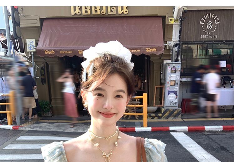 Bow Mini Dress Ruffle Short A-Line Neck Panel Lace Square Sleeve