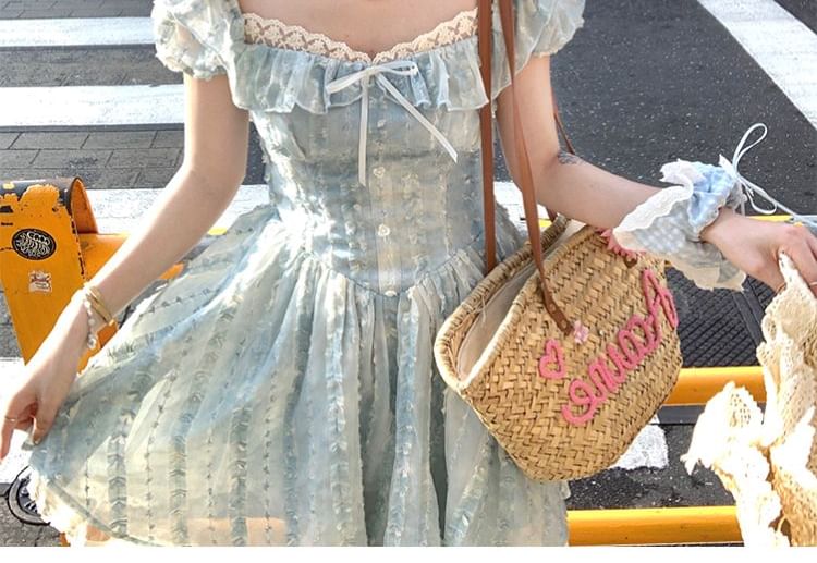 Bow Mini Dress Ruffle Short A-Line Neck Panel Lace Square Sleeve