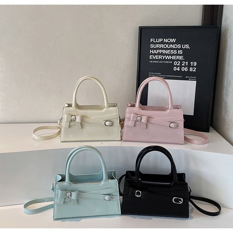Handle Leather Bow Bag Faux Buckled Crossbody Top