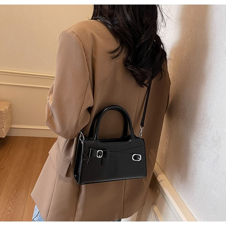 Handle Leather Bow Bag Faux Buckled Crossbody Top