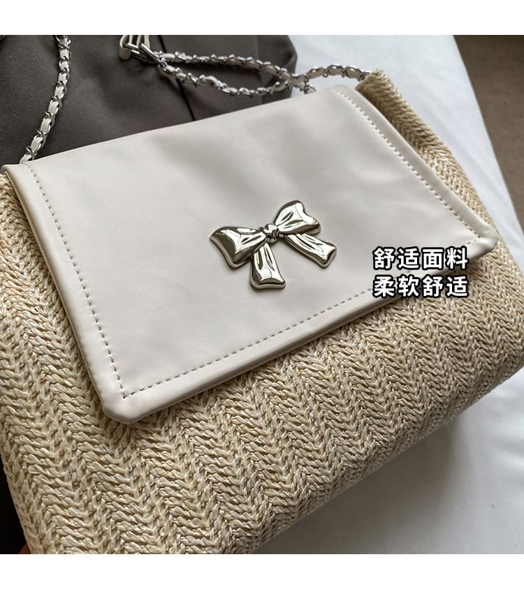 Flap Bow Woven Shoulder Bag