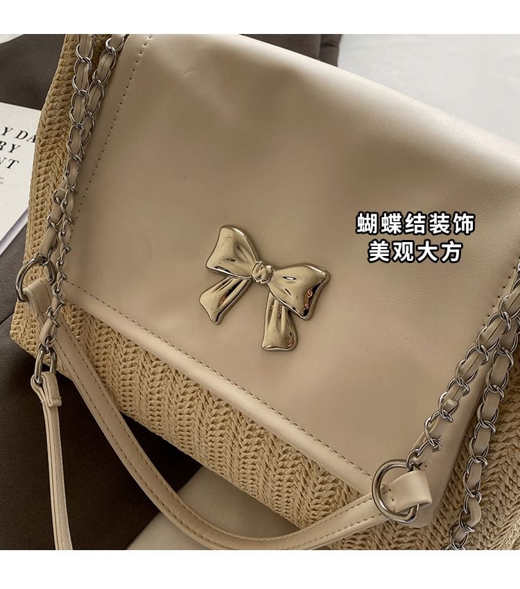 Flap Bow Woven Shoulder Bag
