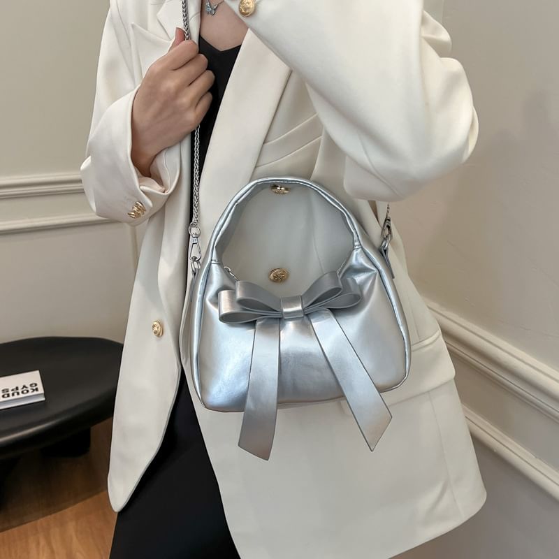 Bow Chain Crossbody Plain Strap Leather Bag Faux Accent