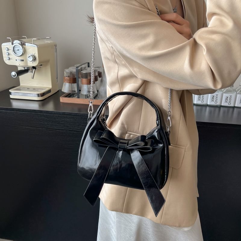 Bow Chain Crossbody Plain Strap Leather Bag Faux Accent