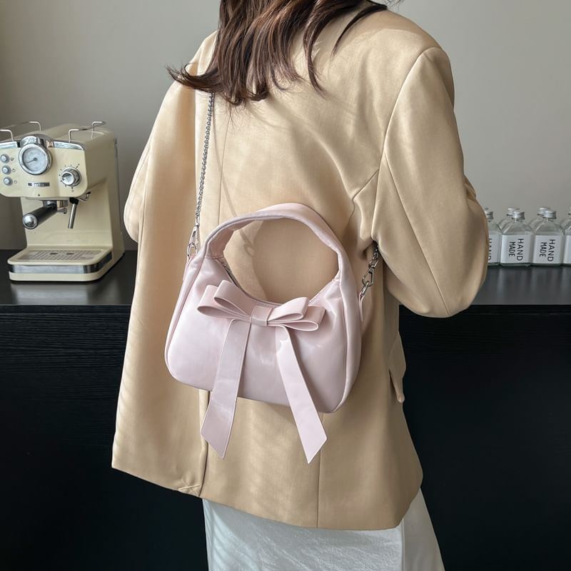 Bow Chain Crossbody Plain Strap Leather Bag Faux Accent