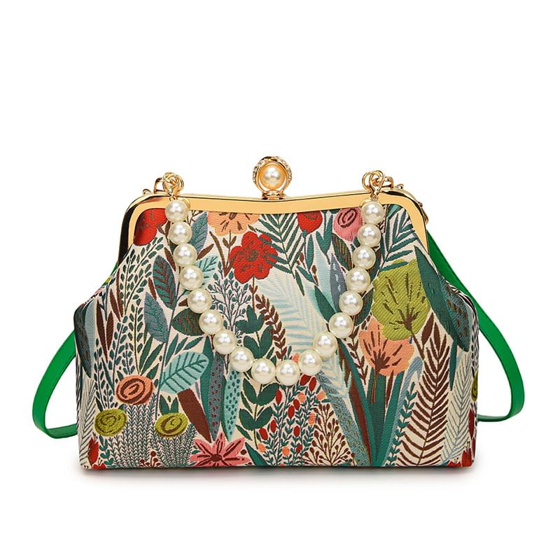 Crossbody Faux Pearl Floral Bag Jacquard Strap