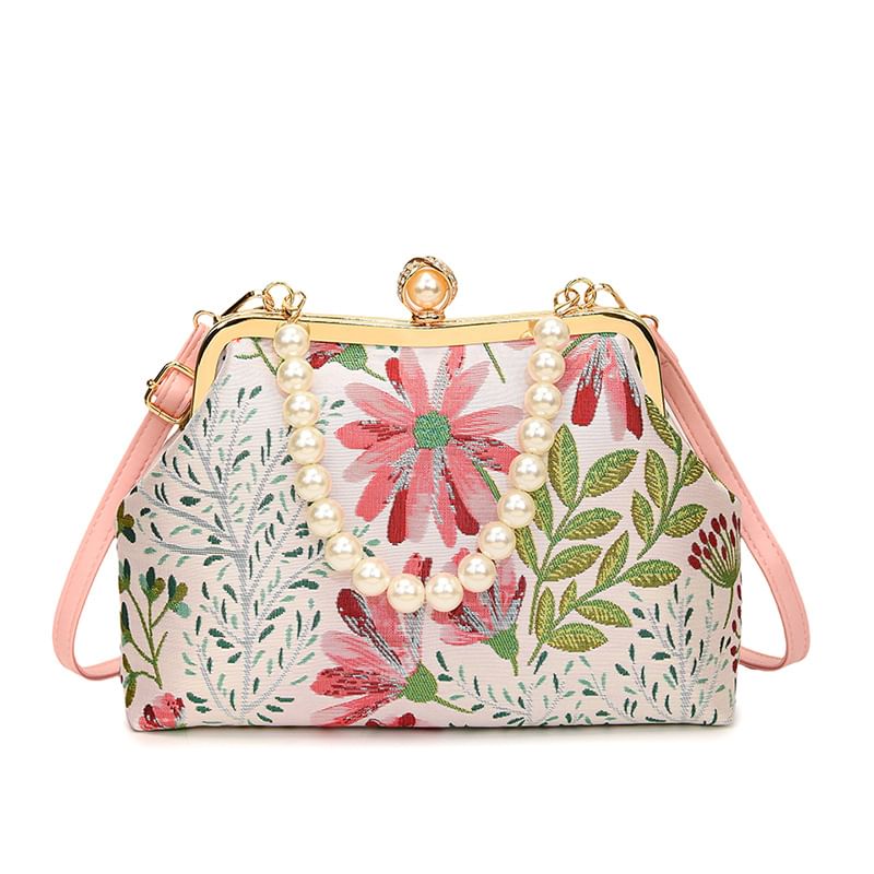 Crossbody Faux Pearl Floral Bag Jacquard Strap