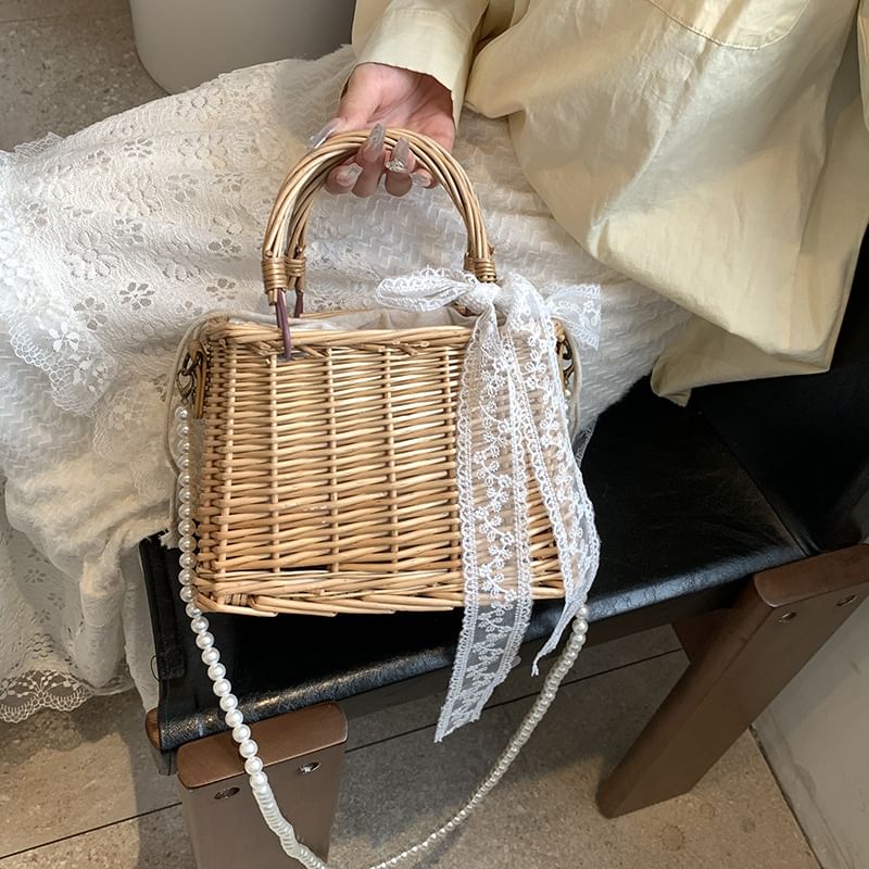 Strap Scarf Drawstring Faux + Pearl Set: Straw Bag Crossbody