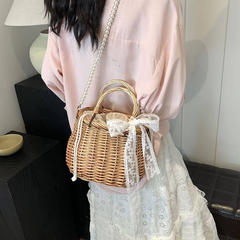 Strap Scarf Drawstring Faux + Pearl Set: Straw Bag Crossbody