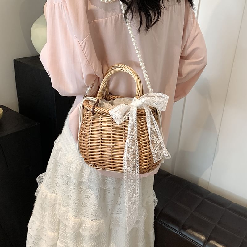 Strap Scarf Drawstring Faux + Pearl Set: Straw Bag Crossbody