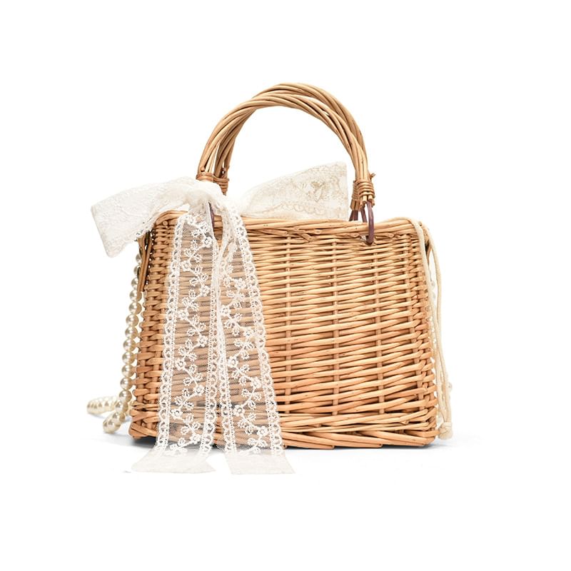 Strap Scarf Drawstring Faux + Pearl Set: Straw Bag Crossbody