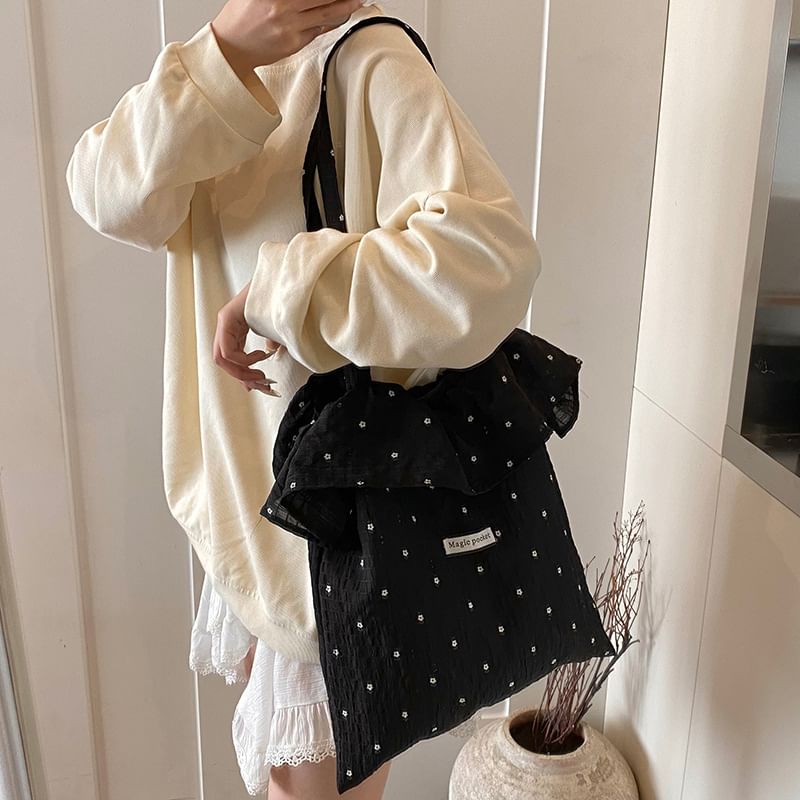 Trim Embroidered Tote Ruffle Bag Floral