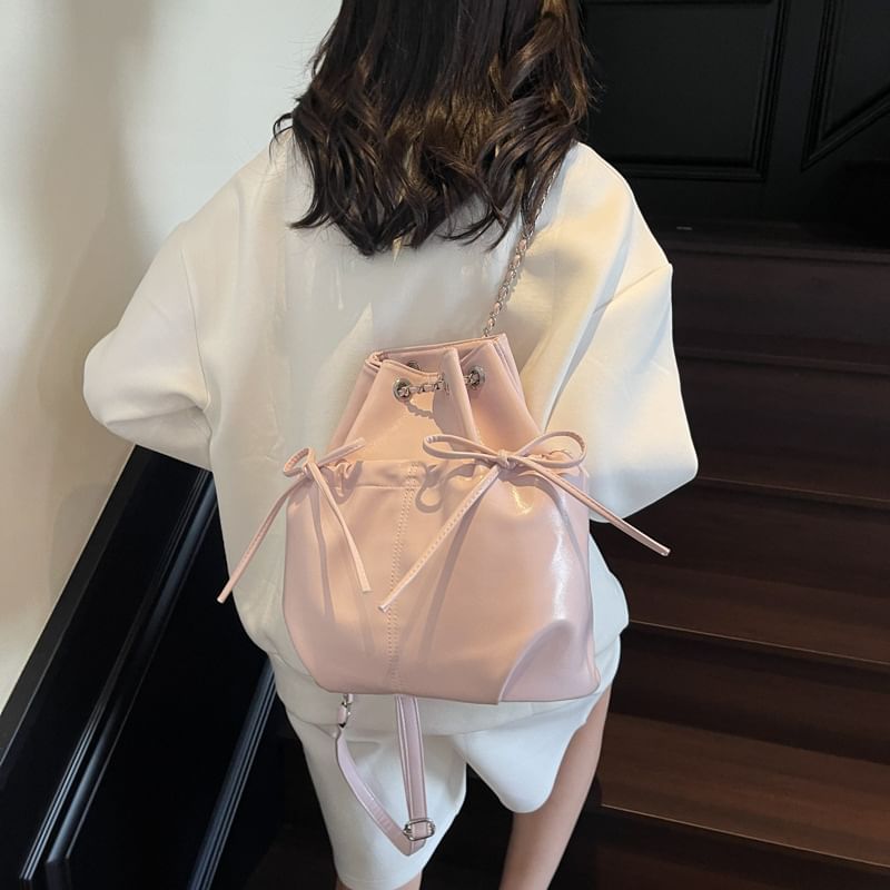 Backpack Plain Faux Leather Drawstring