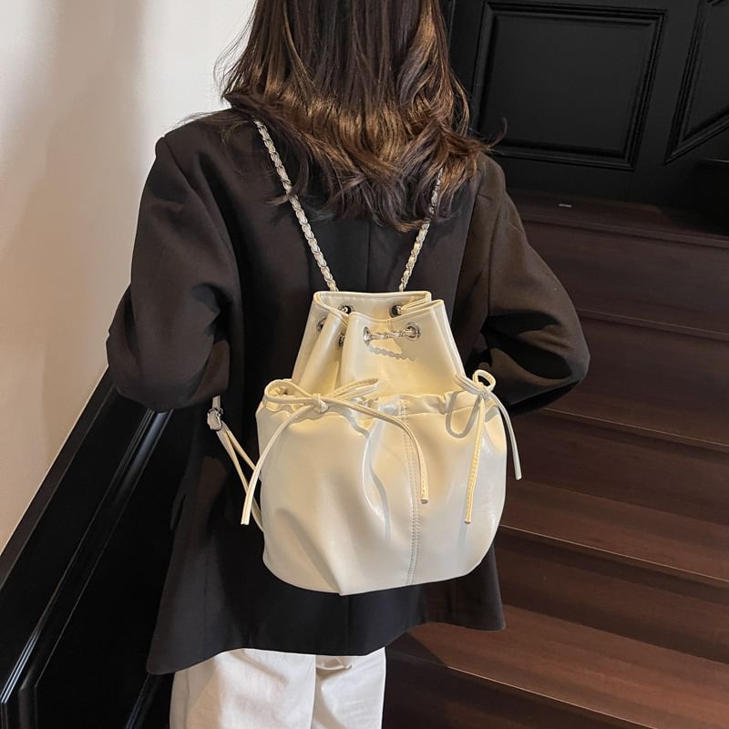 Backpack Plain Faux Leather Drawstring