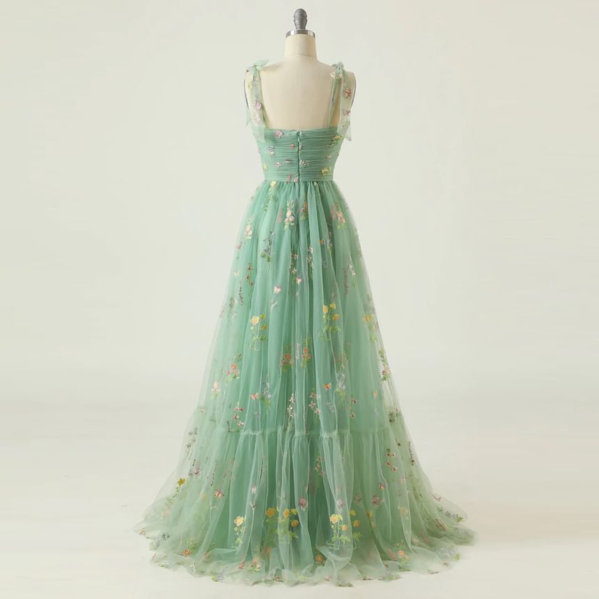 Gown Spaghetti Floral Mesh Evening Strap Embroidered A-Line