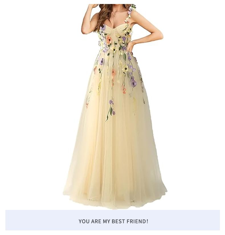 Strap Floral Evening Gown Spaghetti Embroidered Mesh A-Line
