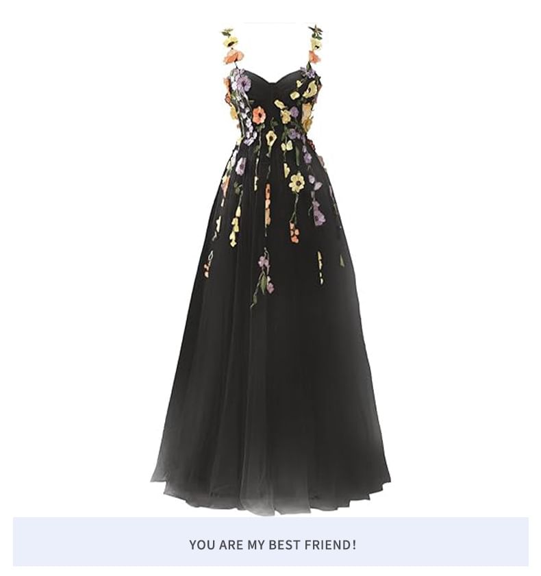 Strap Floral Evening Gown Spaghetti Embroidered Mesh A-Line