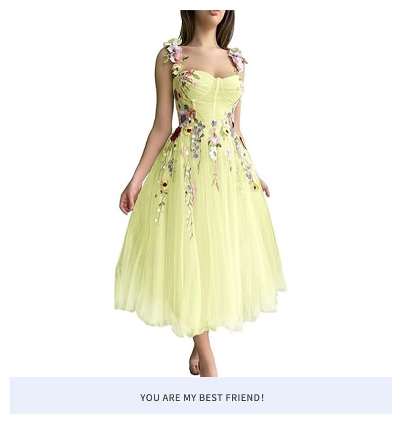 Strap Floral Evening Gown Spaghetti Embroidered Mesh A-Line