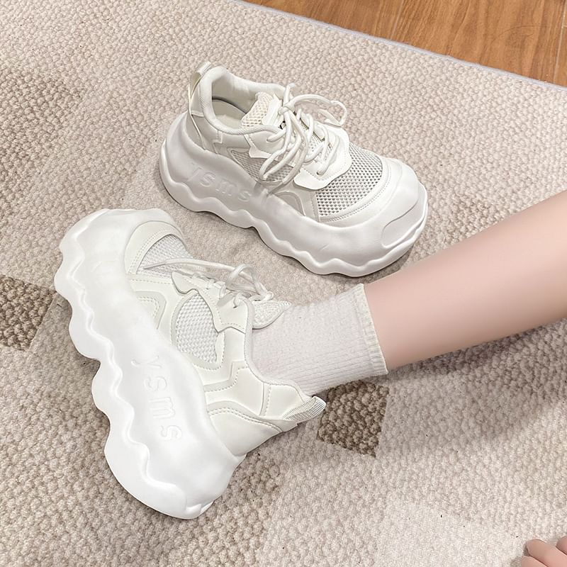 Leather Lace-Up Panel Sneakers Mesh Platform Faux