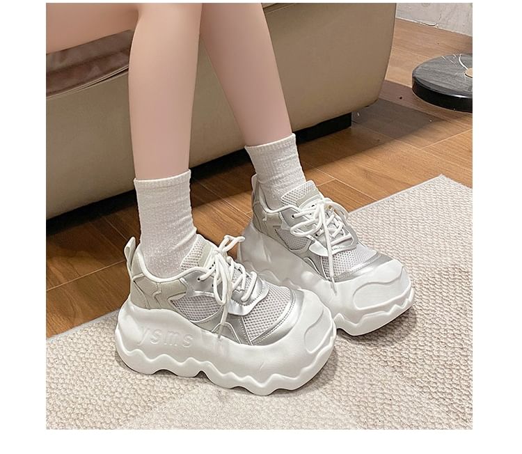 Leather Lace-Up Panel Sneakers Mesh Platform Faux