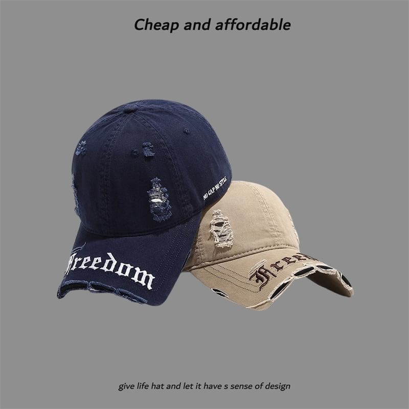 Washed Letter Embroidered Distressed Cap