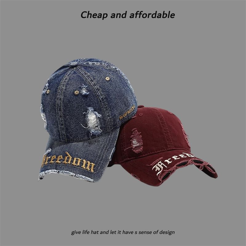 Washed Letter Embroidered Distressed Cap