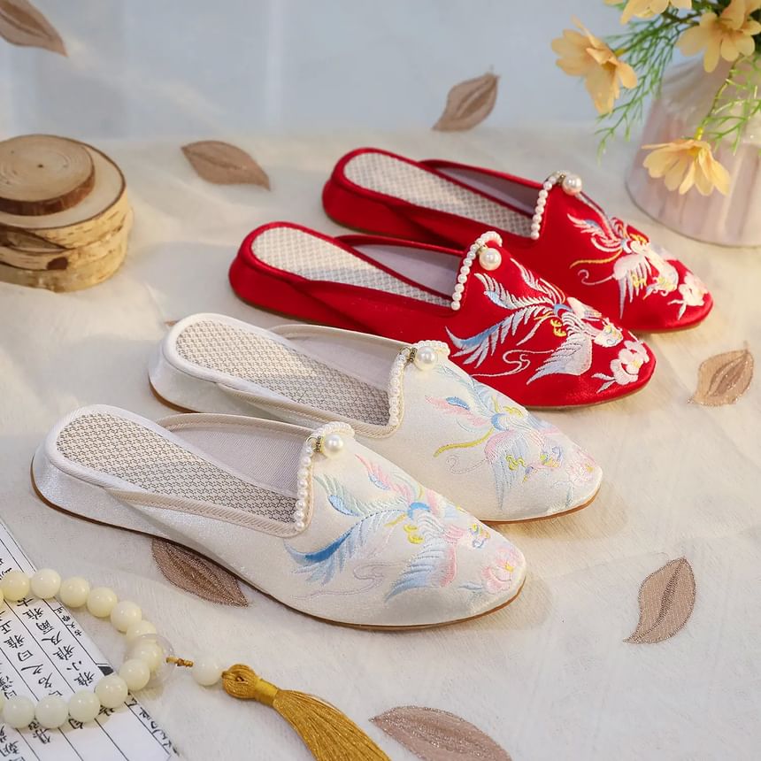 Faux Mules Pearl Embroidered