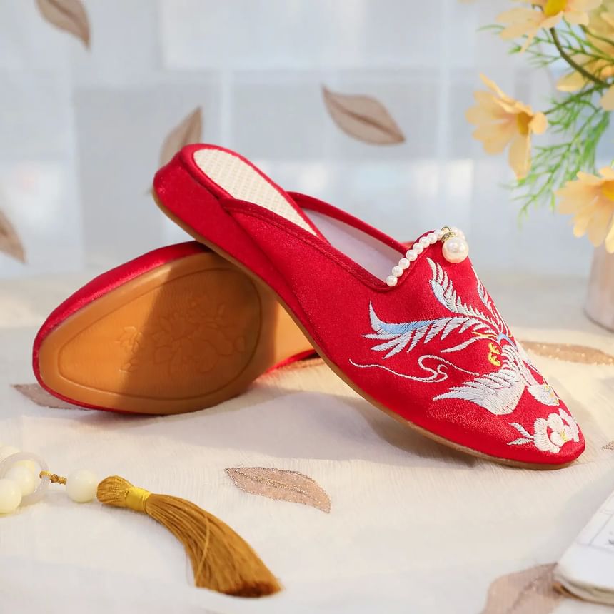 Faux Mules Pearl Embroidered