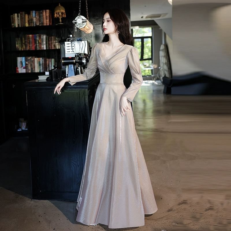 Designs) Sleeve Gown Evening V-Neck Wrap Long (Various A-Line