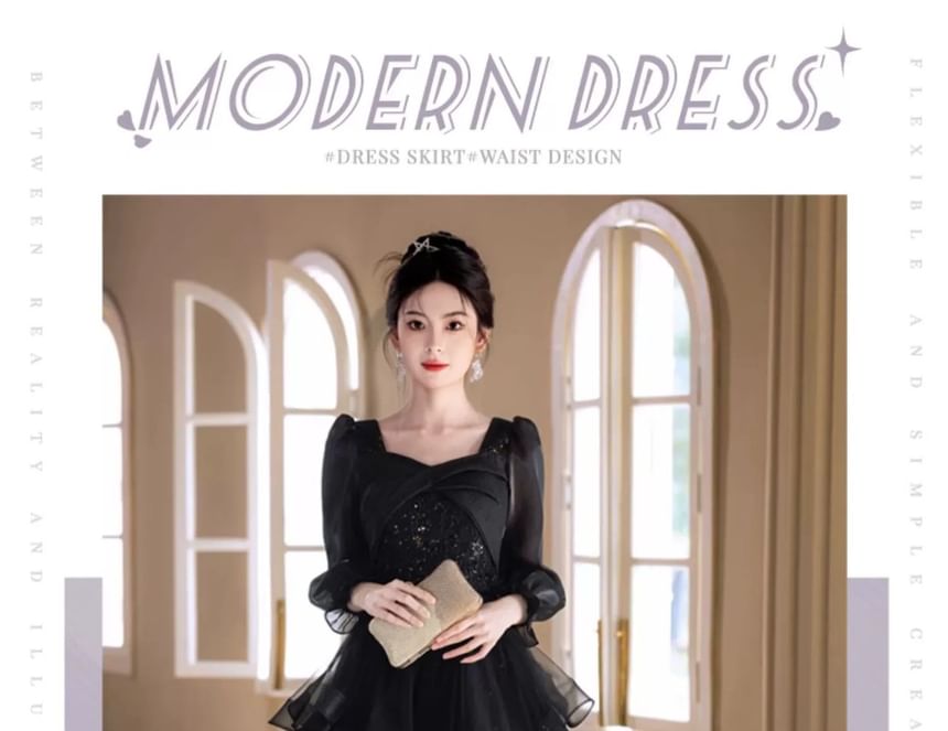 Gown A-Line Evening Sleeve Neck Long Square Starry