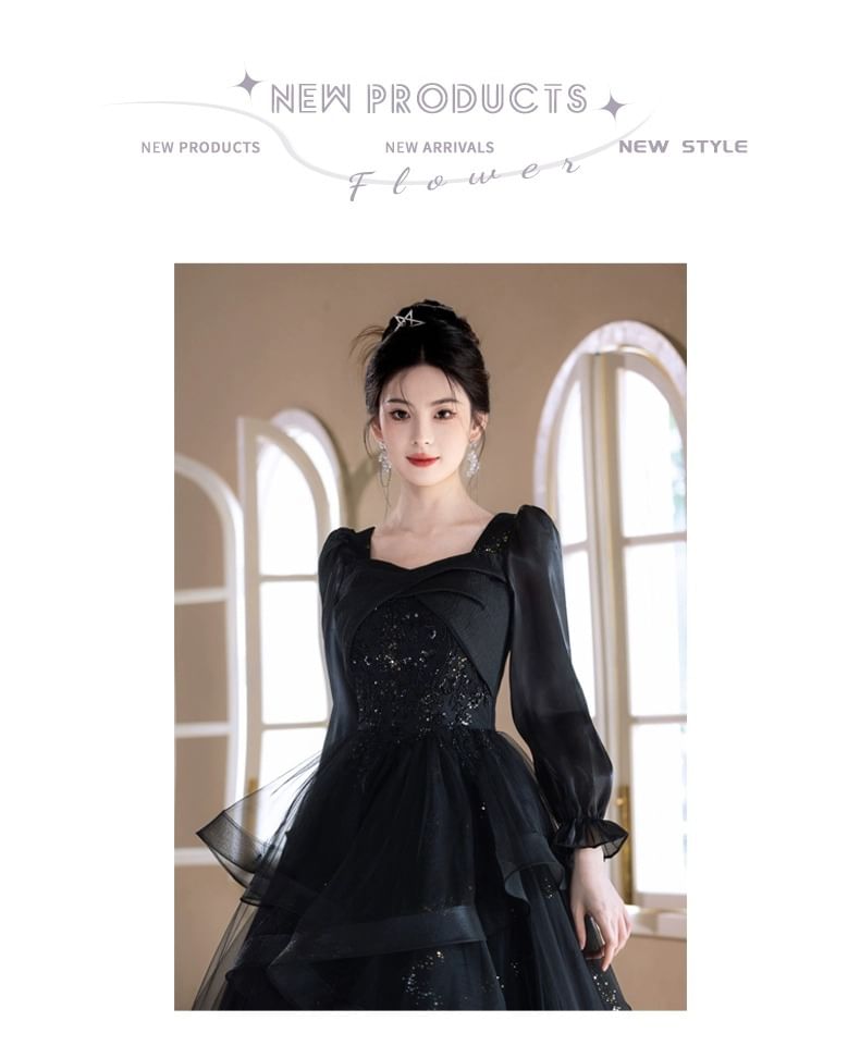 Gown A-Line Evening Sleeve Neck Long Square Starry