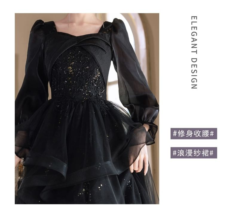 Gown A-Line Evening Sleeve Neck Long Square Starry