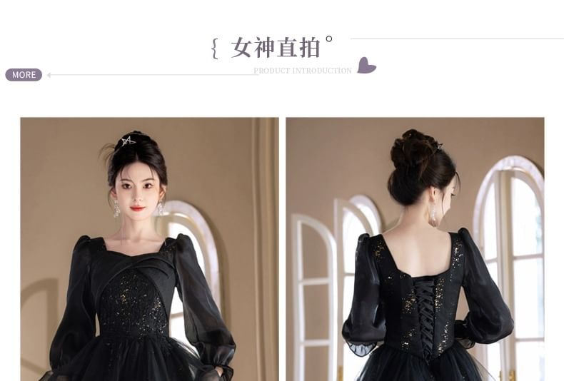 Gown A-Line Evening Sleeve Neck Long Square Starry