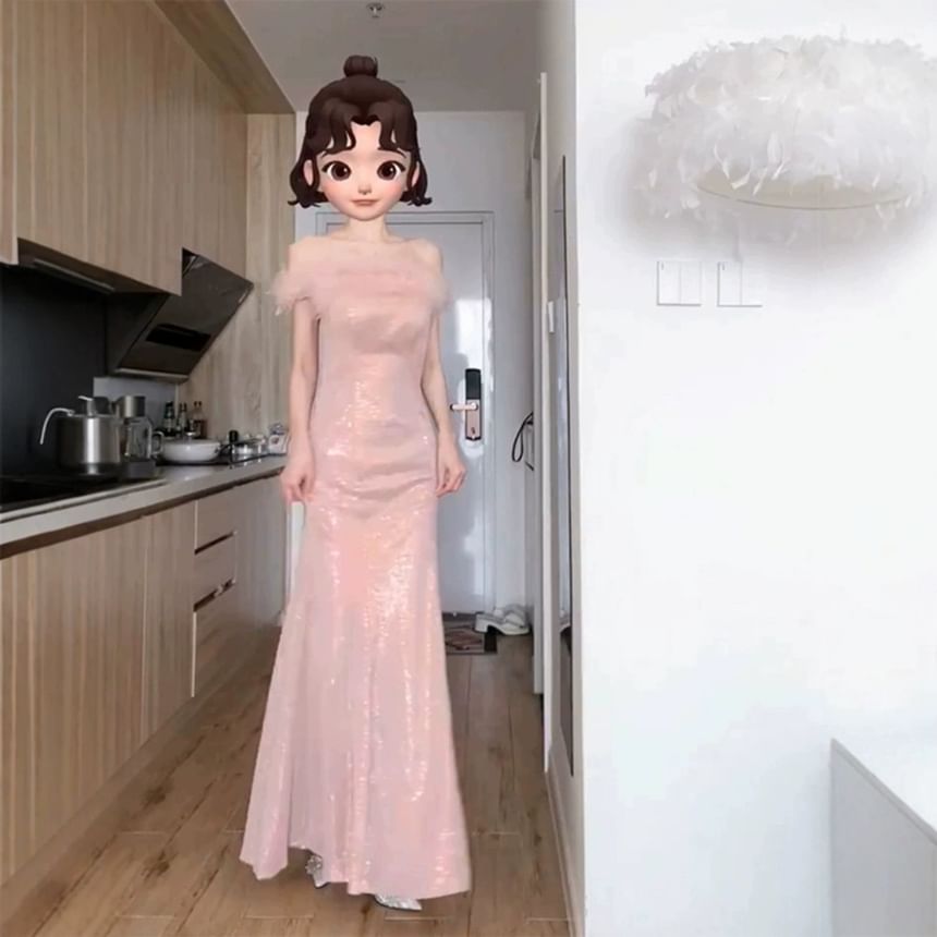 Glitter Gown Evening Mermaid Off-The-Shoulder Feather Accent