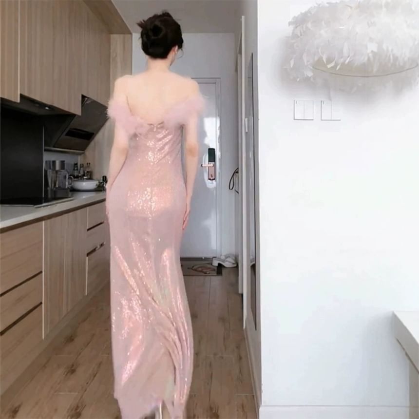 Glitter Gown Evening Mermaid Off-The-Shoulder Feather Accent