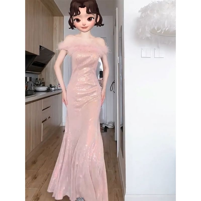 Glitter Gown Evening Mermaid Off-The-Shoulder Feather Accent