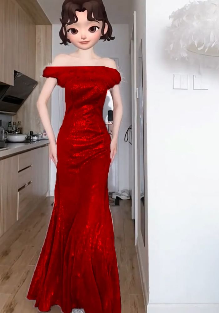 Glitter Gown Evening Mermaid Off-The-Shoulder Feather Accent