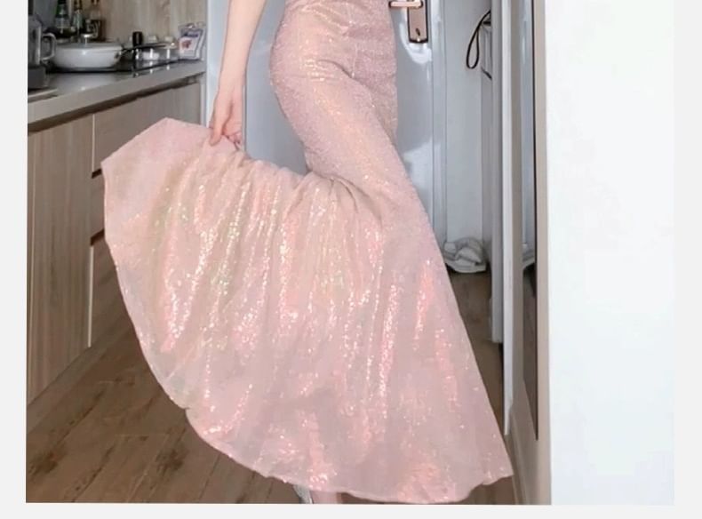 Glitter Gown Evening Mermaid Off-The-Shoulder Feather Accent