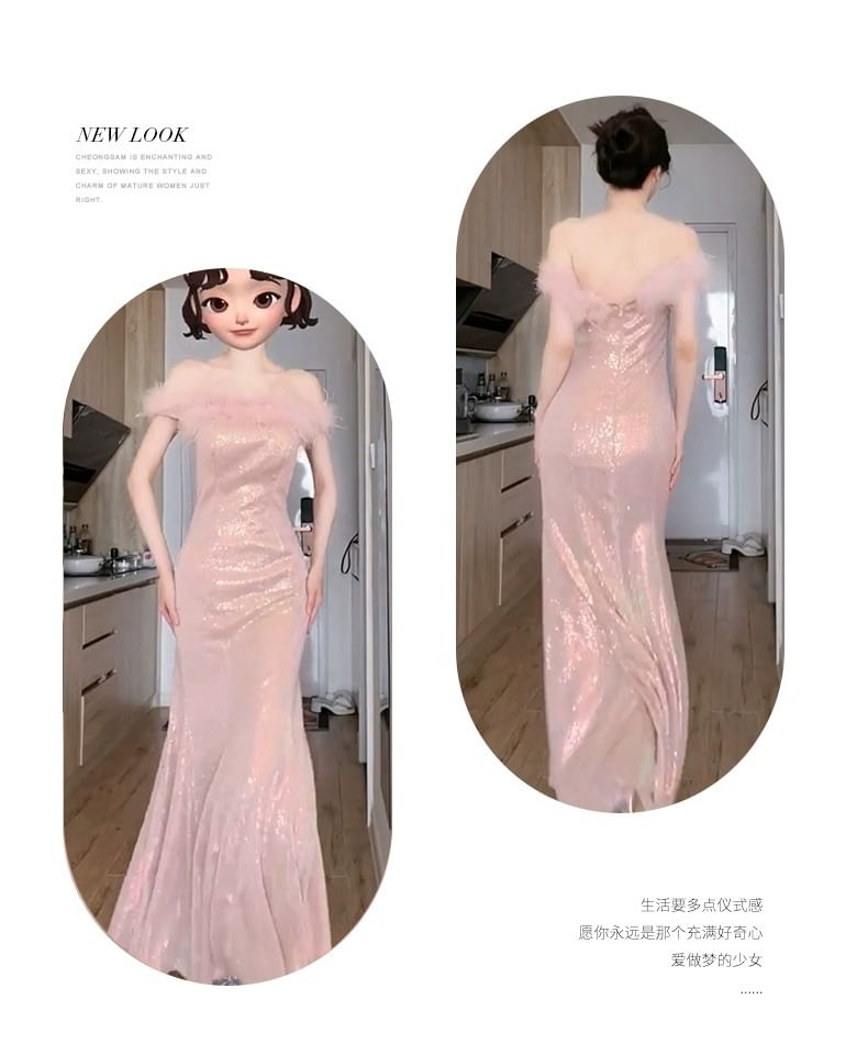 Glitter Gown Evening Mermaid Off-The-Shoulder Feather Accent