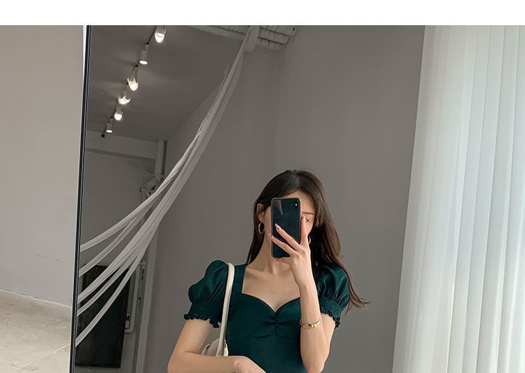 Dress A-Line Sleeve Plain Neck Slit Midi Puff Sweetheart